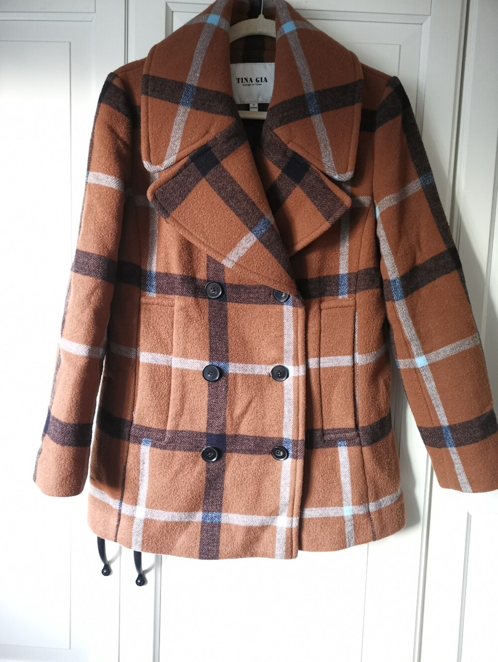 TINA GIA 100% Wool Plaid Double Breasted Pea Coat Jacket Size 38 M